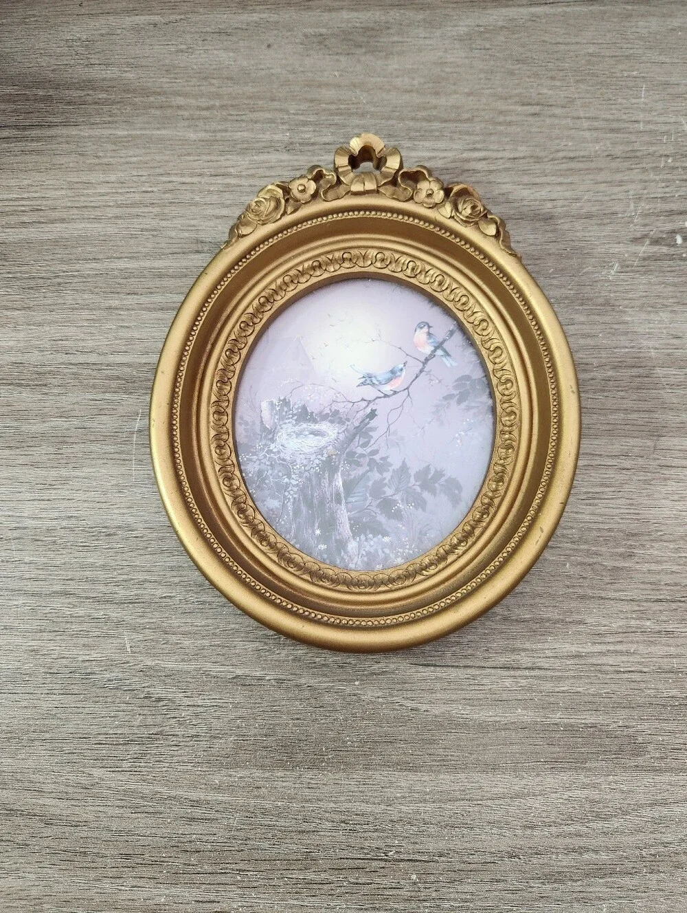 Vintage Homco Bluebird Nest Print Ornate Gold Oval Frame 1980 Wall Decor #3279